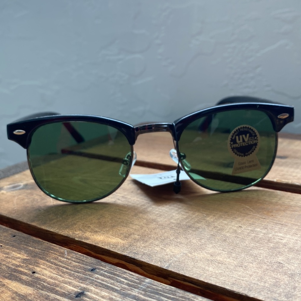 Vintage Style Clubmaster Sunglasses Black Frame/Green Lens NWT. UV400 Protection